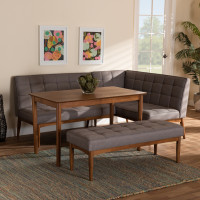 Baxton Studio BBT8051.11-GreyWalnut-4PC Dining Nook Set Baxton Studio Sanford Mid-Century Modern Grey Fabric Upholstered and Walnut Brown Finished Wood 4-Piece Dining Nook Set